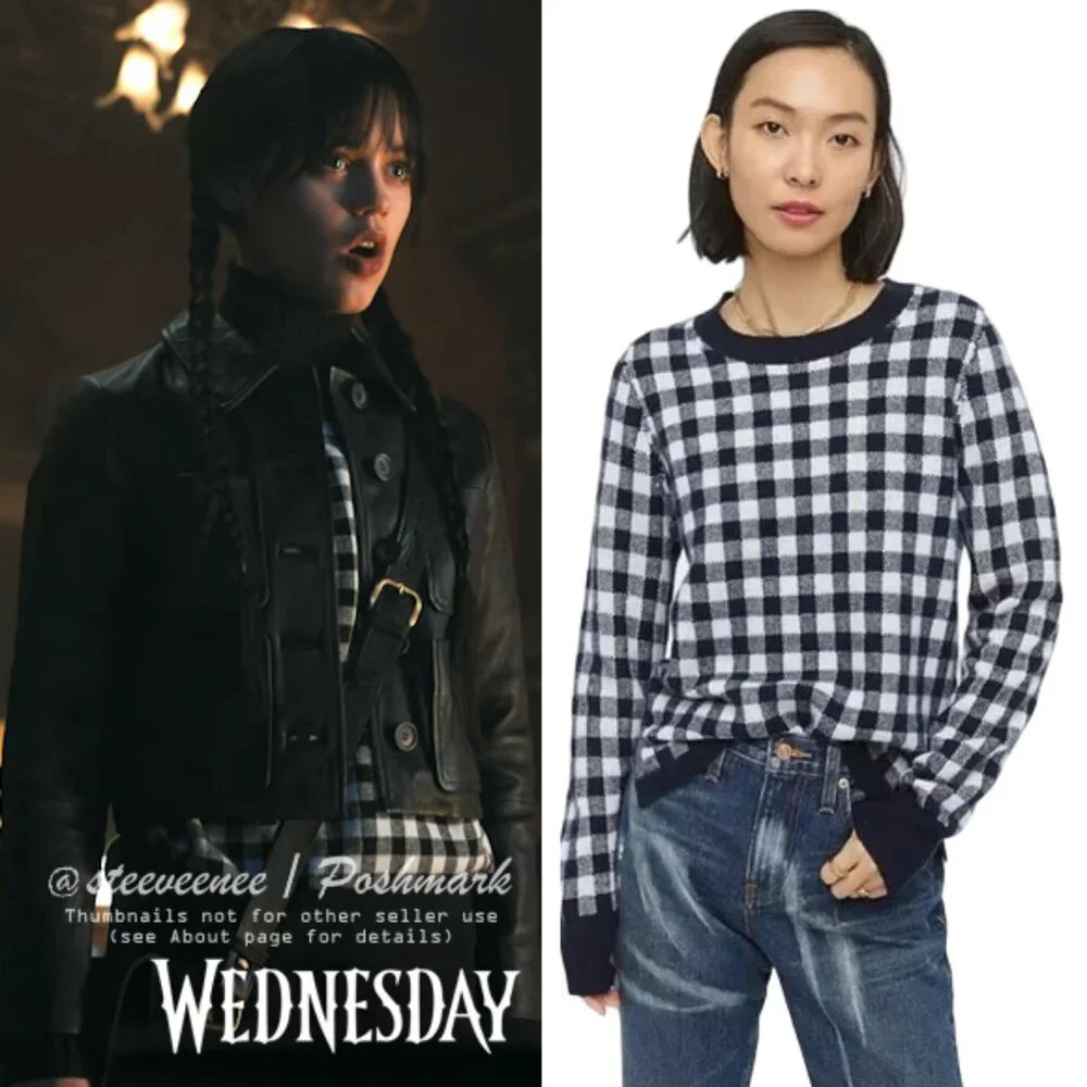 J. Crew Navy Cashmere Gingham Sweater ASO Wednesday Addams